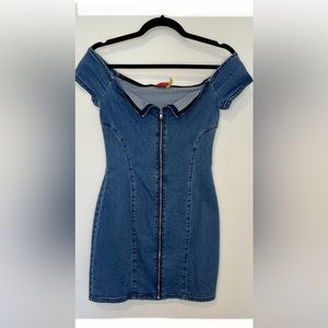 Denim, Zip-Up, Off Shoulder Mini Dress